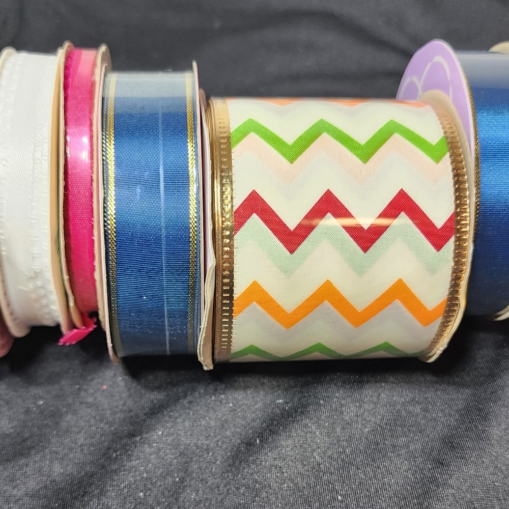 Vintage Colorful Ribbon Set with Chevron Pattern Gold Trim, 8 Spools - Picture 2 of 10